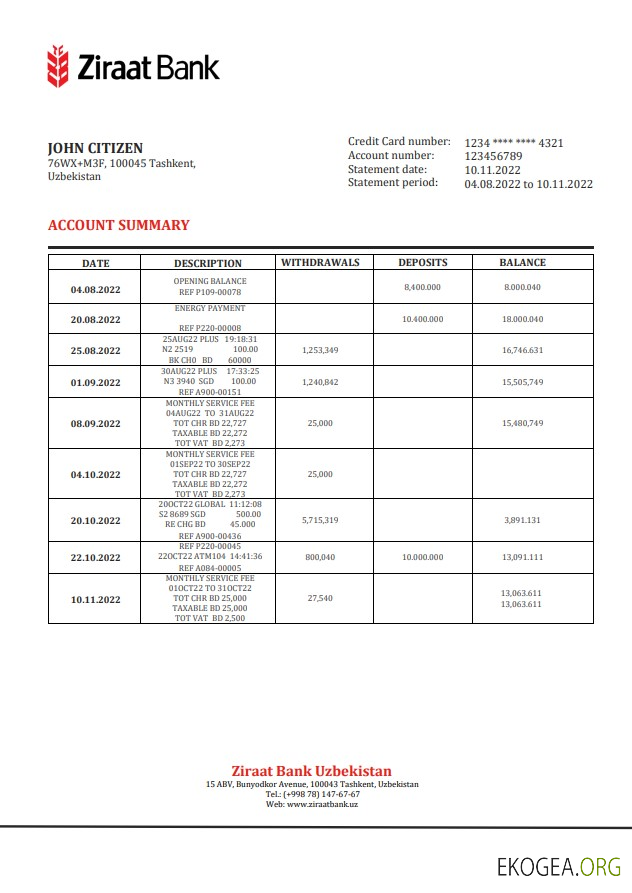 Relevé de la banque Ziraat d'Ouzbékistan template
